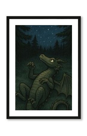 Whimsical dragon under starlit sky.
