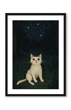 Cat stargazing in forest night.