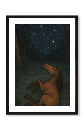 Horse stargazing in forest night.