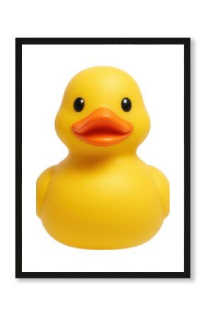 Bright yellow rubber duck with an orange beak, featuring smooth texture and wide eyes on transparent background.