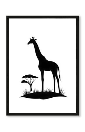 Black Silhouette of a Giraffe Standing Savanna Isolated On White