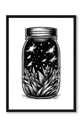 glowing fireflies inside a mason jar surrounded by leaves, with stars twinkling in the night sky sketch engraving generative ai PNG illustration. Scratch board imitation. Black and white image.