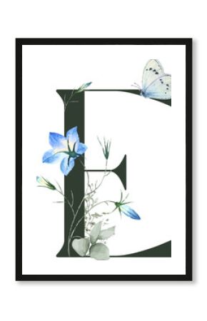 Embellished letter E is showing watercolor bellflowers and butterfly on transparent background