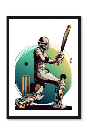 Cricket batsman is swinging bat in flat design with helmet, pads, ball, transparent background