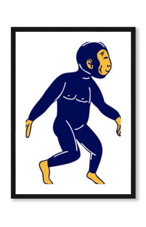 Flat design monkey-human figure is walking with navy body and yellow face on transparent background