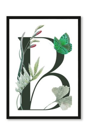 Ornamental letter B is showcasing foliage and butterfly in painterly art on transparent backdrop