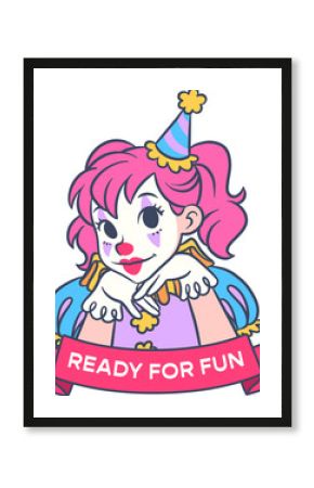 Flat design clown girl leaning on transparent backdrop with striped party hat and ribbon banner