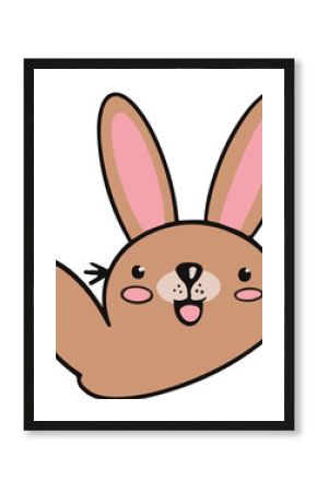 Smiling pink-eared bunny head is raising paw in flat design on transparent background, copy space