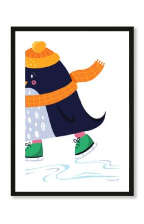 Cartoon penguin is ice skating on transparent backdrop with orange hat, checked scarf, green skates