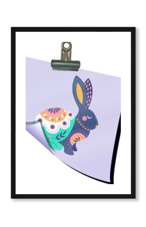 Showing flat design binder clip holding lilac paper with patterned rabbit on transparent background