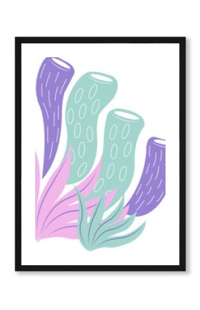 Flat pastel coral design is floating on transparent backdrop, showing green tubes and pink fronds