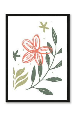Floral sketch is showing coral flower, olive branches, green blooms, dots on transparent background