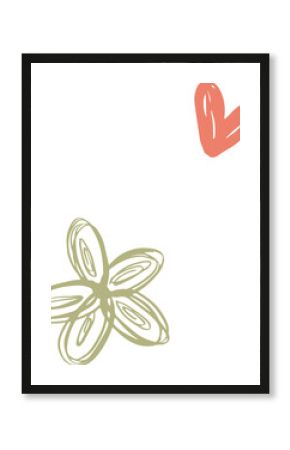 Abstract gestural doodles are floating on transparent background, with coral heart and lime flower