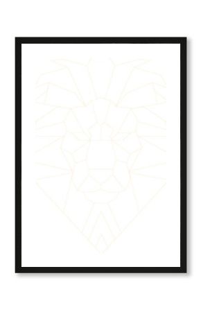 Stylized geometric lion head is shining in flat design with golden segments, transparent background