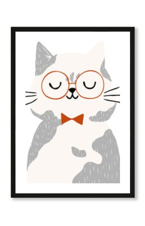 Flat design showing cat wearing round orange glasses and red bow tie, with transparent background