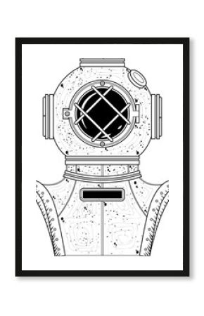 Monochrome sketch showing antique deep sea helmet chest plate, grid viewport transparent background