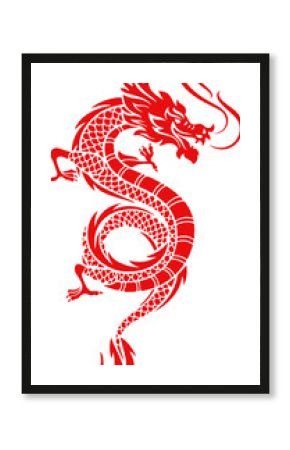 Flat dragon art is showing S-shape pose with scales horns tail and smoke on transparent background