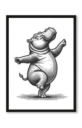 Dancing Hippopotamus sketch engraving generative ai fictional character raster illustration. Scratch board imitation. Black and white image.