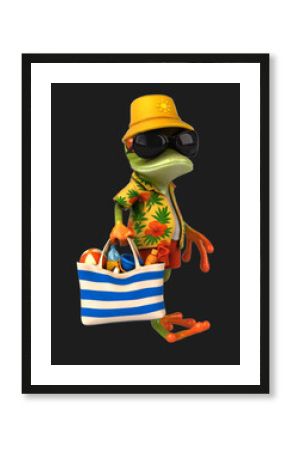 Fun 3D cartoon frog with a beach bag