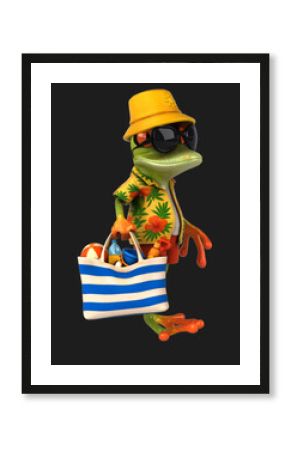 Fun 3D cartoon frog with a beach bag