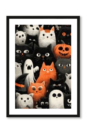 Colorful illustration of Halloween cats, ghosts, and pumpkins in a whimsical night setting