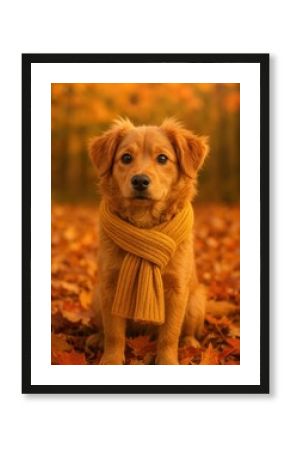 Adorable dog in autumn leaves.