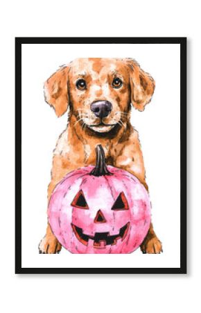 PNG A brown dog with pink pumpkin illustration celebration watercolor.
