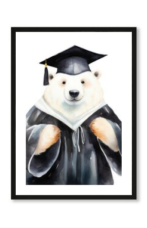 PNG Cute polar bear wearing black graduation regalia gown education cartoon animal.