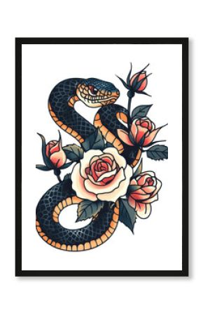 PNG Snake and roses art illustration design.