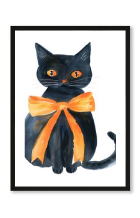 PNG A black cat illustration watercolor orange.