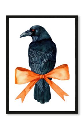 PNG A black raven illustration orange ribbon.