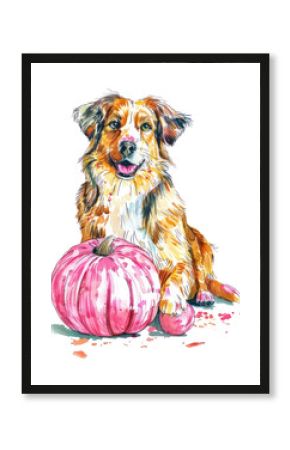 PNG A dog with a pink pumpkin drawing art illustration.