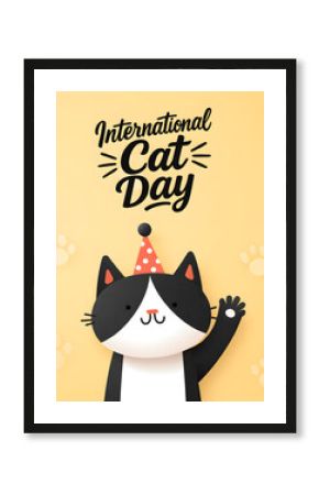 Cartoon cat with party hat and paw up in greeting gesture next to “International Cat Day” lettering on yellow background. Ideal for cute pet designs and social media posts.