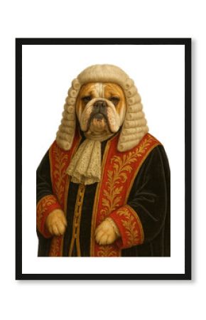Isolate transparent English Bulldog in royal court judge costume PNG – realistic English Bulldog in royal court judge costume transparent artwork for legal-themed decor  PNG die-cut for advertising