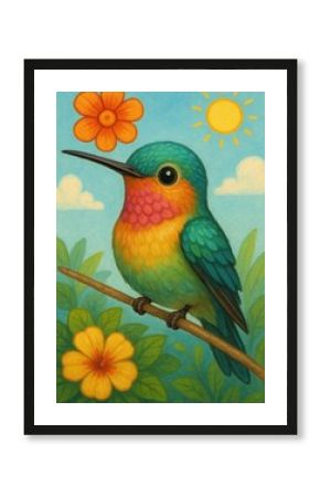 Colorful hummingbird amidst vibrant flowers.