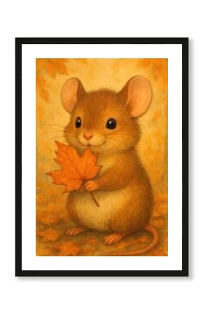 Adorable mouse with autumn leaf.