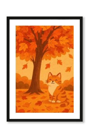 Cat under autumn tree illustration.