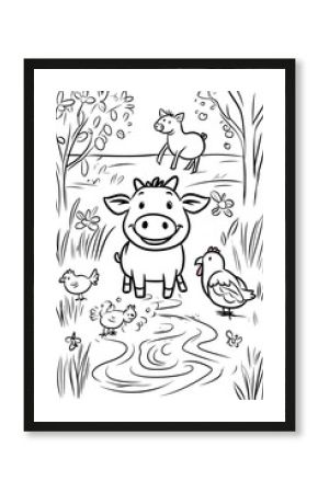 Cute farmyard fun coloring book illustration, featuring a smiling cow, a happy pig playing in the mud, a hen with her chicks, and a horse galloping in the background, 