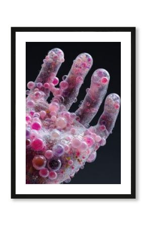 Abstract hand covered in pink and purple bubbles