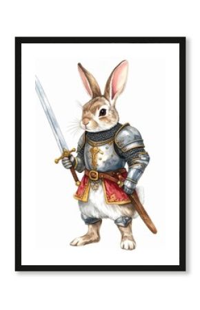 Rabbit Knight in Full Armor Holding Sword on White Background Fantasy Art