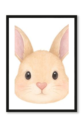 Watercolor Baby Bunny Face Clipart, Transparent Background PNG, Cute Rabbit Head with Heart-Shaped Nose and Soft Pink Ear Gradient, Isolated 1:1 High-Resolution Illustration