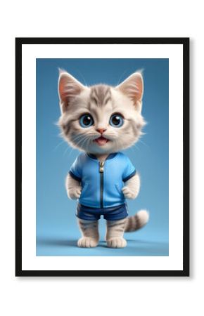 Cute sporty kitten in blue outfit on stadium track