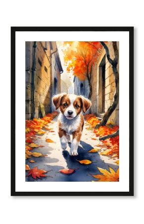 Cute Puppy Walking on Autumn Street with Falling Leaves