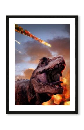 T-rex dinosaur and asteroid impact, 3d render