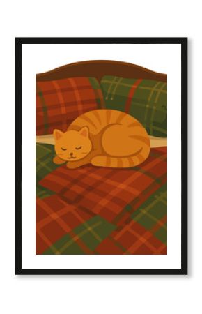 This illustration shows an orange cat peacefully sleeping curled up on a cozy bed with red and green plaid blankets and pillows.