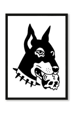 Stylized Doberman with skull, black and white tattoo art