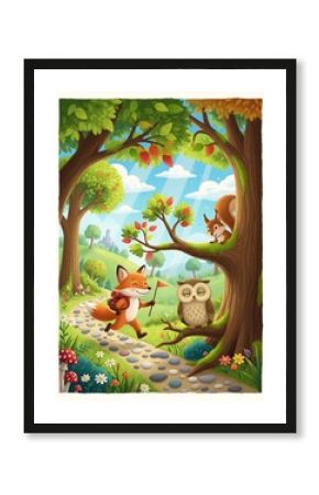 Enchanting forest adventure featuring a determined fox, a wise owl and a curious squirrel amid vibrant trees