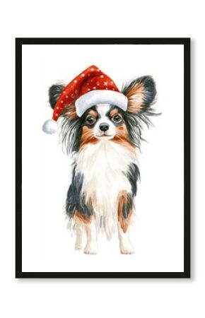 Papillon dog wearing christmas hat illustration watercolor cute.