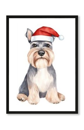 Scottish terrier wearing christmas hat illustration watercolor cute.