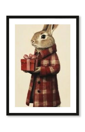 Rabbit holding Christmas gift animal human coat.